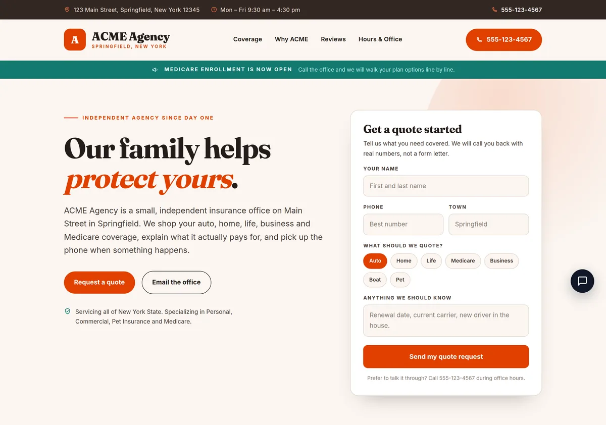 Example insurance agency website built by jarvis, with a quote request form above the fold