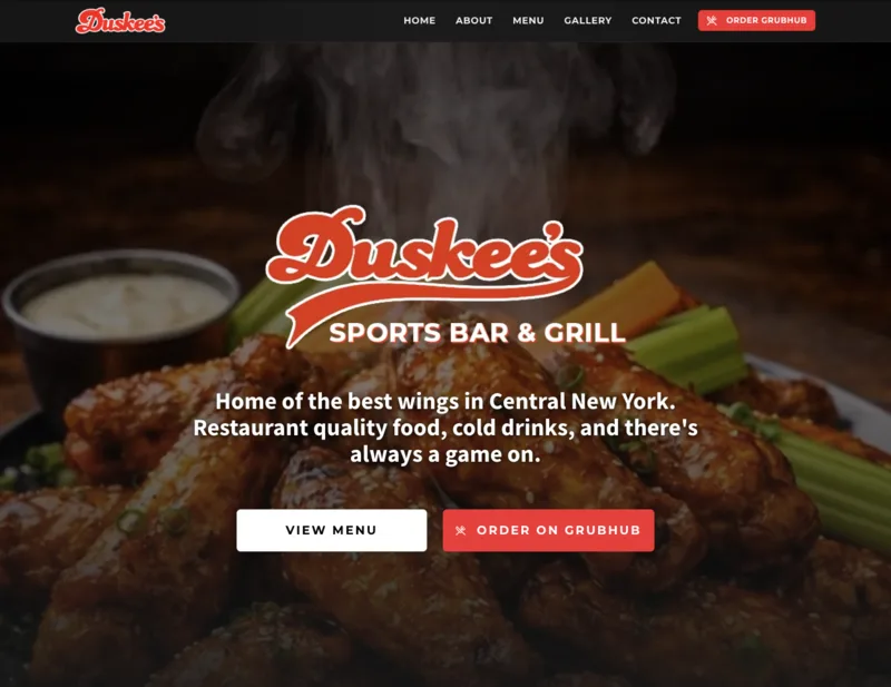 Duskee's Sports Bar & Grill website, built by the JARVIS team